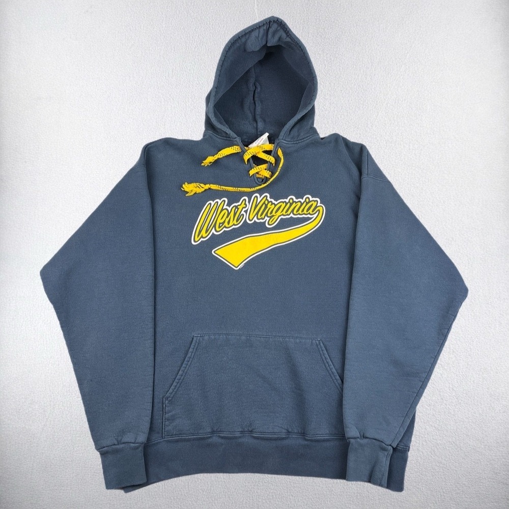 VTG West Virginia Hoodie Mens XL Blue Lace Up USA Heavyweight Sweatshirt 90s